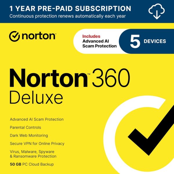 Norton 360 Deluxe 2025, Antivirus software for 5 Devices