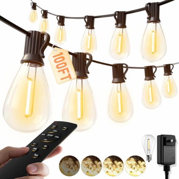 luckystyle 100FT LED Outdoor String Lights with Remote, 35+ 1 Shatterproof Bulbs Waterproof