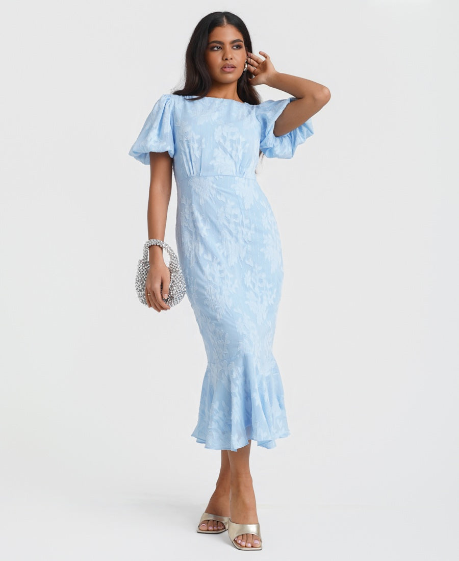 Shimmering Blue Jacquard Midi Dress with Puff Sleeves – Size 14