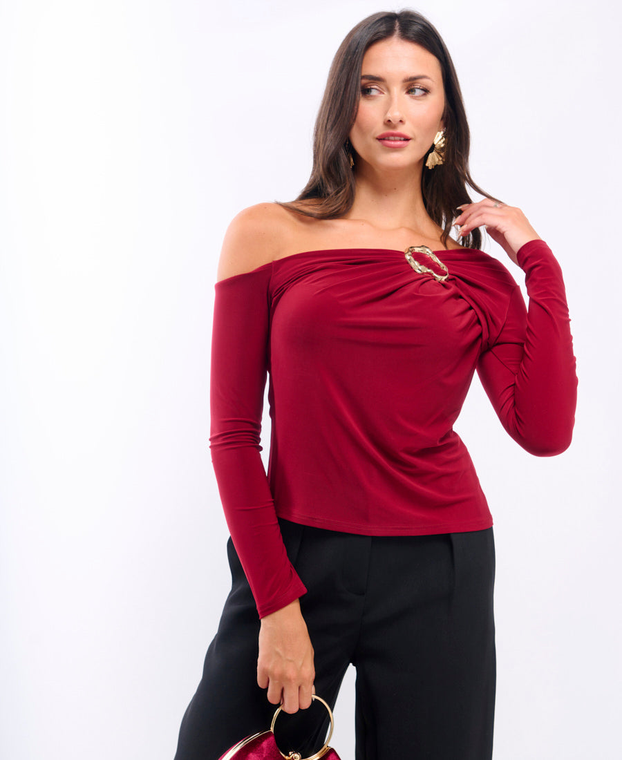 Burgundy Jersey Top with Hardware Details – Size 18