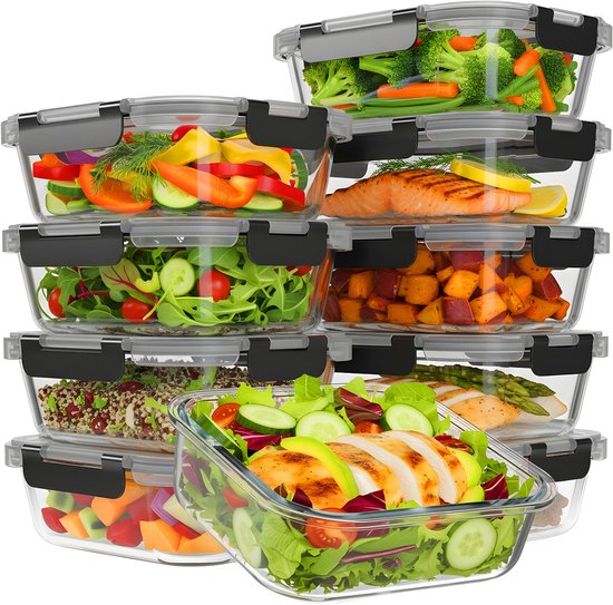 KitchenBrothers Glass Meal Prep Containers, Set of 10, Airtight