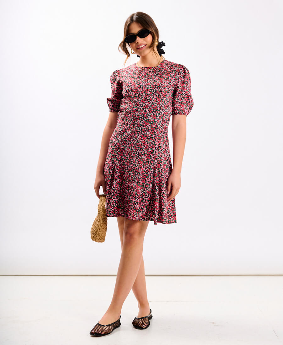 Red Floral Puff Sleeve Mini Dress – Size 14